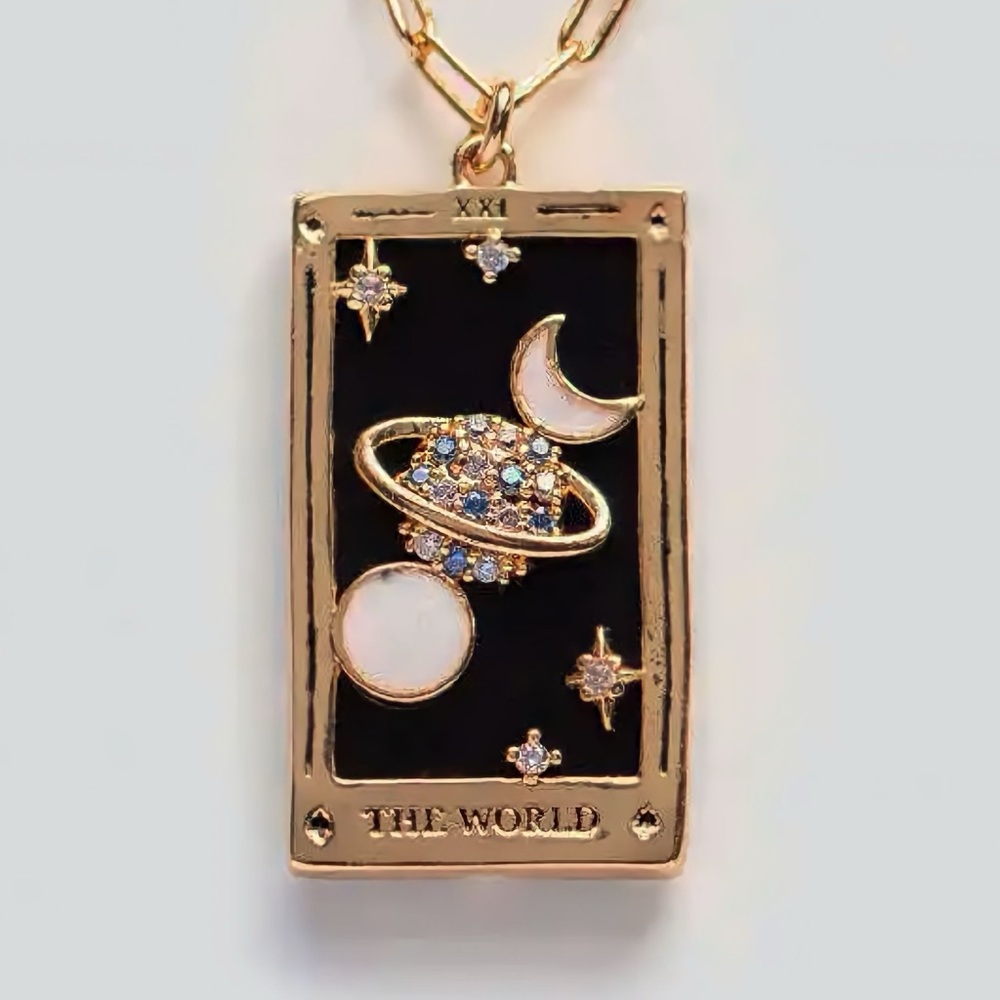 Dainty Gold Tarot Card Necklace | The World, 18k Plated, 316L Stainless Steel